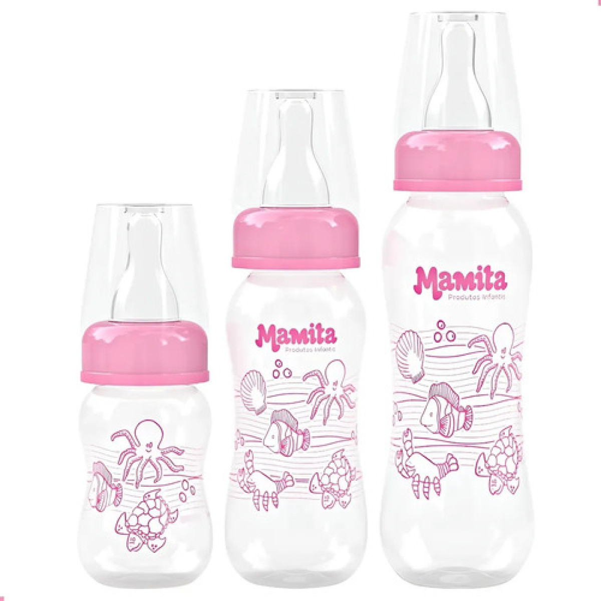Kit Mamadeira Mamita 80ml 150ml 240ml Bico De Silicone Pac 3 Rosa Animais